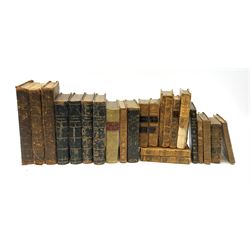 Twenty-two 18th/19th century leather bound books including Daniel Deronda by George Eliot. Four volumes; The Rambler by Samuel Johnson. Two volumes; Judah's Lion by Charlotte Elizabeth; The Works of Flavius Josephus by William Whiston. Three volumes etc (22)