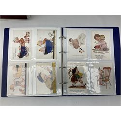 Collection of Victorian and later postcards, to include comic examples by Mabel Lucie Atwell, other coloured illustrated examples etc, housed in four albums
