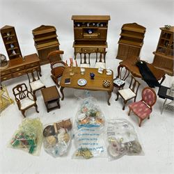 1:12 scale dolls house hallway and dining room furniture, including hat stand, mannequin, dressers and cabinets with ceramic ornaments, rocking chair, dining table, side board, dresser, drinks trolley, sewing machine, dining accessories and food, etc
