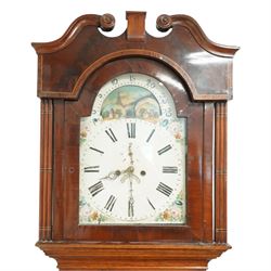 Mid 19th century- 8-day oak and mahogany longcase clock, with a carved swan necked pediment and crossbanding, break-arch hood door flanked by reeded pilasters, broad trunk with matching pilasters to the sides, short triple spire door with inlay and a and raised panel beneath, plinth with a conforming inlaid panel to the front, raised on backet feet, painted dial with floral spandrels and a rolling moon to the arch, broad Roman numerals, seconds dial, date aperture and stamped brass hands, dial pinned to a rack striking weight driven movement striking the hours on a bell. With weights and pendulum.