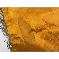 Two replica German Luftwaffe trumpet banners, one heavily silver wire embroidered with Luftwaffe eagle in a wreath, on an amber, white and black rayed background, , with silver wire tasselled border and four leather hanging loops, approx. 50 x 49cm; the other slightly larger heavily gold wire embroidered with the Luftwaffe eagle on a plain amber ground with gold wire tasselled border and two hanging loops (2)