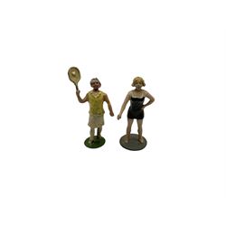 Selco Services gypsy caravan with horse, figure and steps; die-cast tandem combination; motorcycle with rider; die-cast girl-on-swing; and twelve various lead figures by Johilco etc