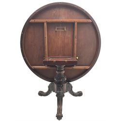Victorian mahogany breakfast table, the circular tilt-top on carved pedestal, three moulded supports carved with bellflowers and scrolled terminals 