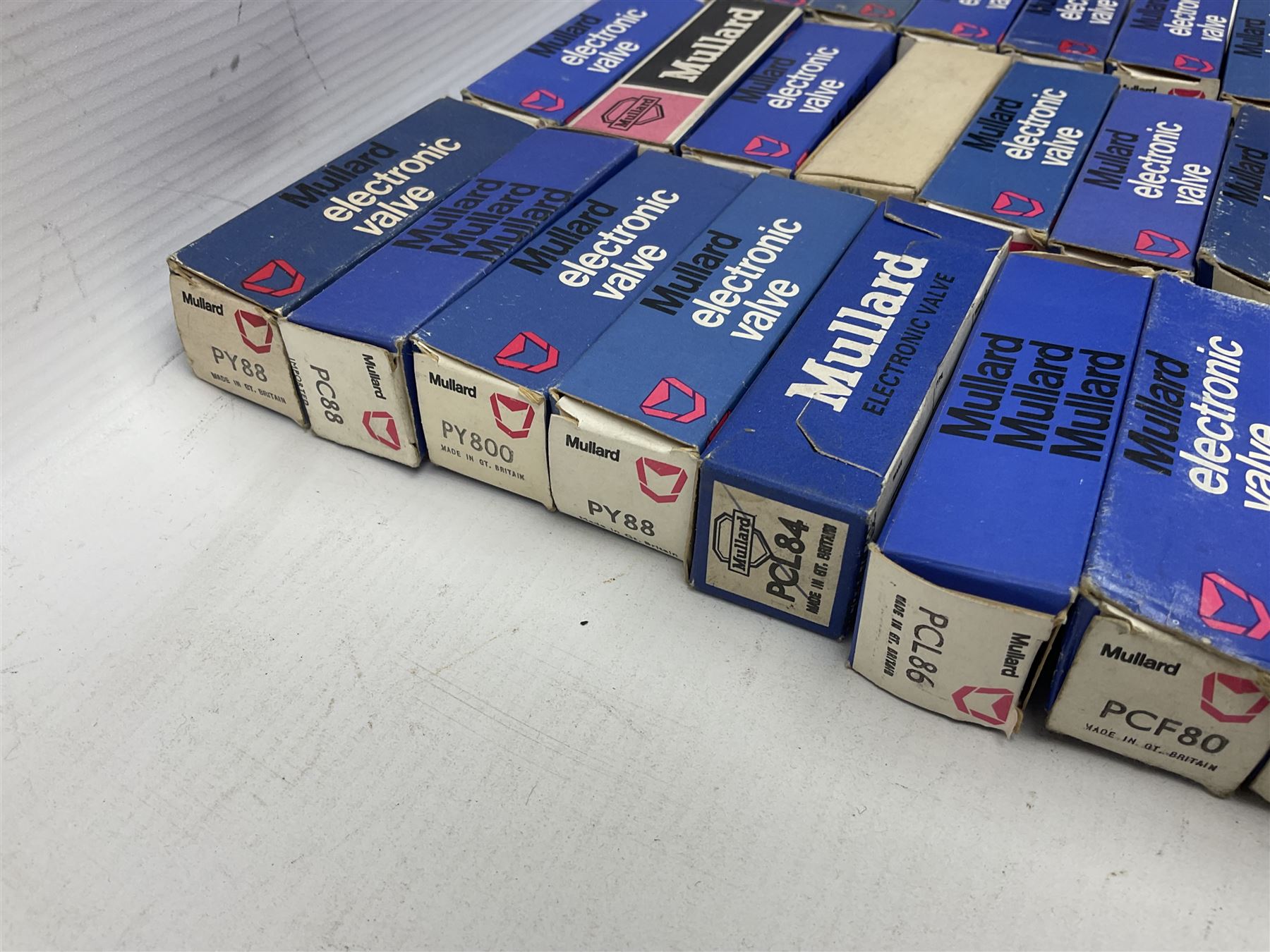 Collection of Mullard thermionic radio valves/vacuum tubes, including PCC189, PCL805/85, DY802, PCL86, PFL200, etc approximately 60 as per list, all boxed