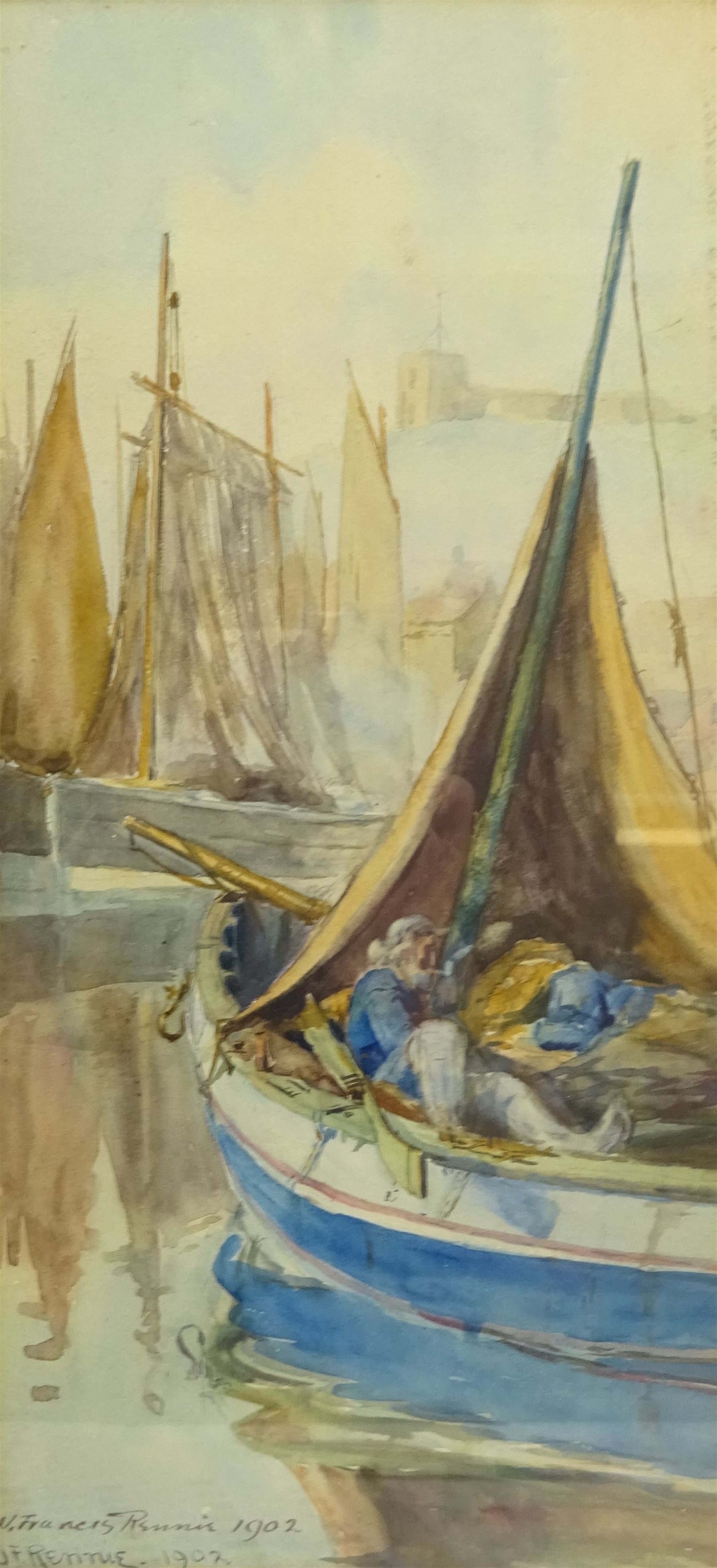 John Francis Rennie (19th/20th century): Fishing Boats in Whitby Harbour, watercolour signed and dated 1902,  33cm x 16cm