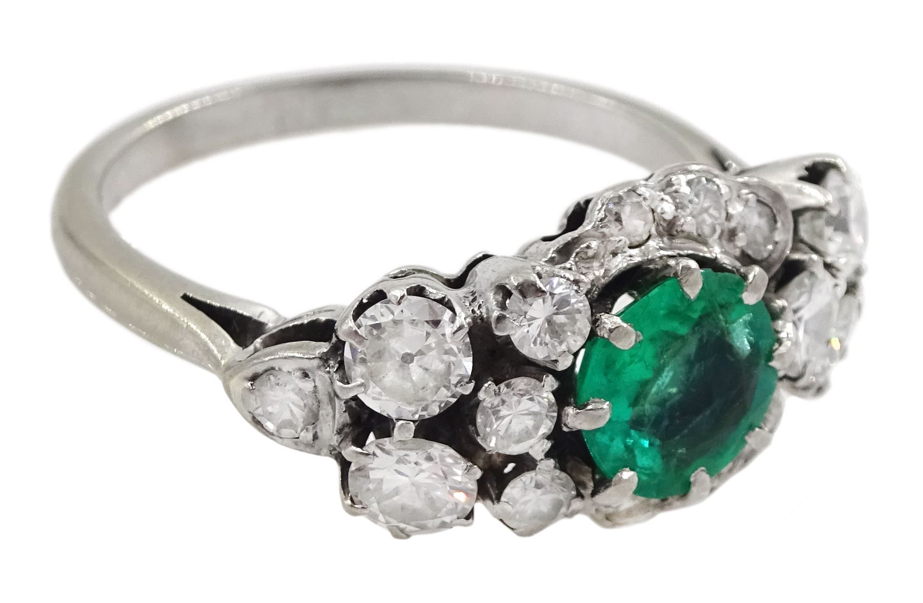 White gold round emerald and diamond cluster ring, stamped 18ct