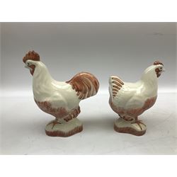 Six Rye Pottery figures, comprising, jumping fox, squirrel upon a branch, billy goat, bull, chicken and cockerel  