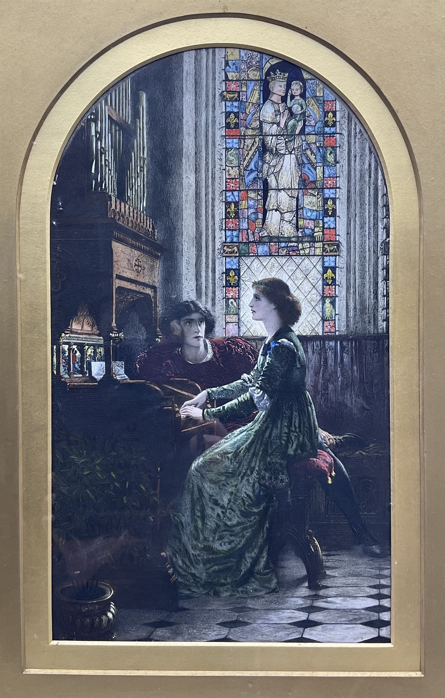 After Sir Frank Dicksee (British 1853-1928): 'Harmony', textured hand coloured line engraving signed and dated 1878 in the plate 40cm x 23cm
Notes: Shortly after Dicksee was granted a studentship to enter the Royal Academy Schools, he joined the Langham Sketching Club. One evening the set subject was 'Music'. Encouraged with the sketch he had made Dicksee decided to make a repetition of it in oil. In 1877, when he was only 24 years old, the painting was exhibited at the Royal Academy with the new title Harmony. Presented to the Tate by the Trustees of the Chantrey Bequest 1877. Harmony is one of the most well known pictures by Dicksee