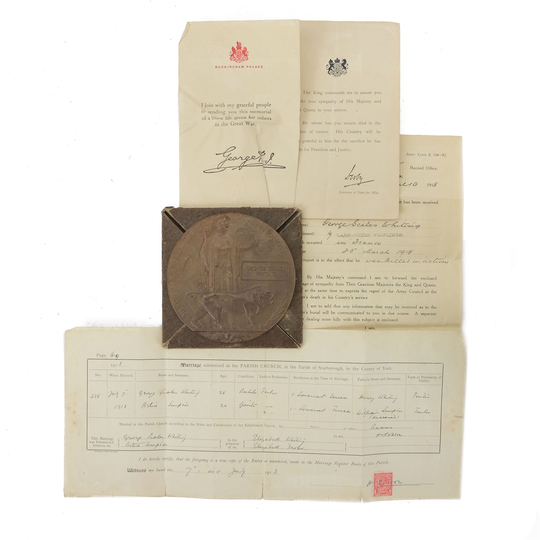 WWI bronze death plaque for George Scales Whiting, with original card envelope and letter 