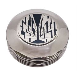 Modern silver and enamel pill box, of circular form the hinged cover decorated with central geometric panel, opening to reveal a gilt interior, with engraved initials to underside, hallmarked Martyn Pugh, Birmingham 1992, 1.15 ozt (36 grams)