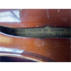 German trade violin 1950s with 36cm two-piece maple back and ribs and spruce top, bears label 'Johann Stainer in Absam prope Oenipontum 1650' L59cm; in carrying case with bow impressed Tourte