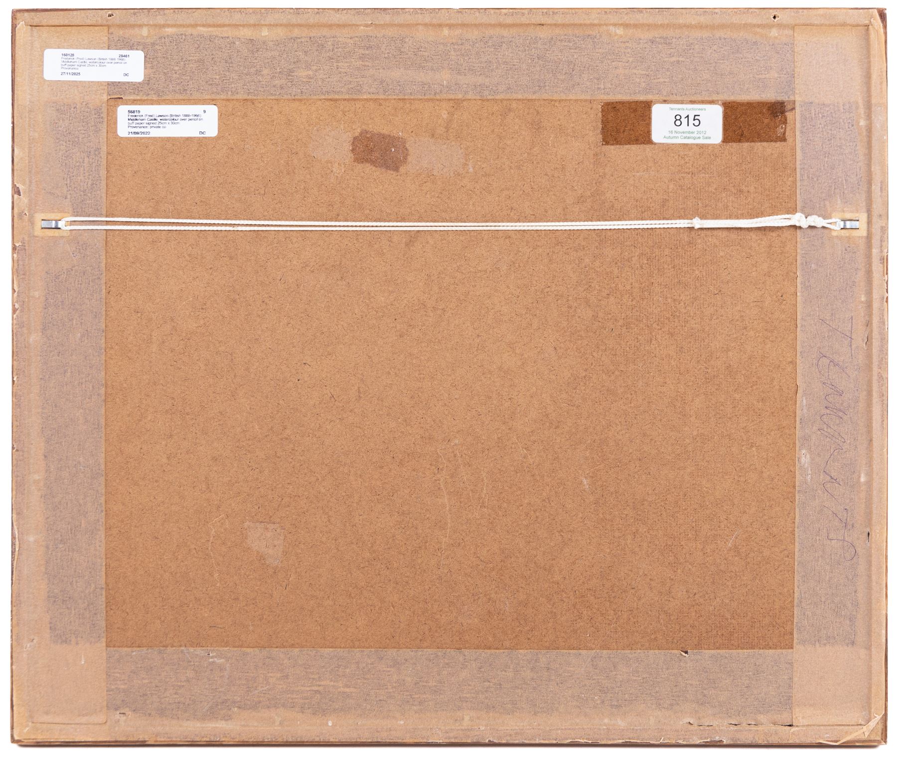 Frederick (Fred) Lawson (British 1888-1968): Middleham Castle, watercolour over pencil on buff paper signed 25cm x 30cm 
Provenance: private collection purchased Tennants Leyburn 16th November 2012 Lot 815