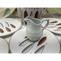 Susie Cooper Hyde Park pattern coffee set, comprising coffee pot, four coffee cans and saucers, dessert plates, together with three plates in a similar design 