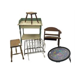 Mid 20th century child's chair, curved backrest and angled armrests (H46cm); painted pine washstand (W67cm, D48cm, H77cm); circular tray with needlepoint inset (D56cm); two stools; two magazine racks (7)