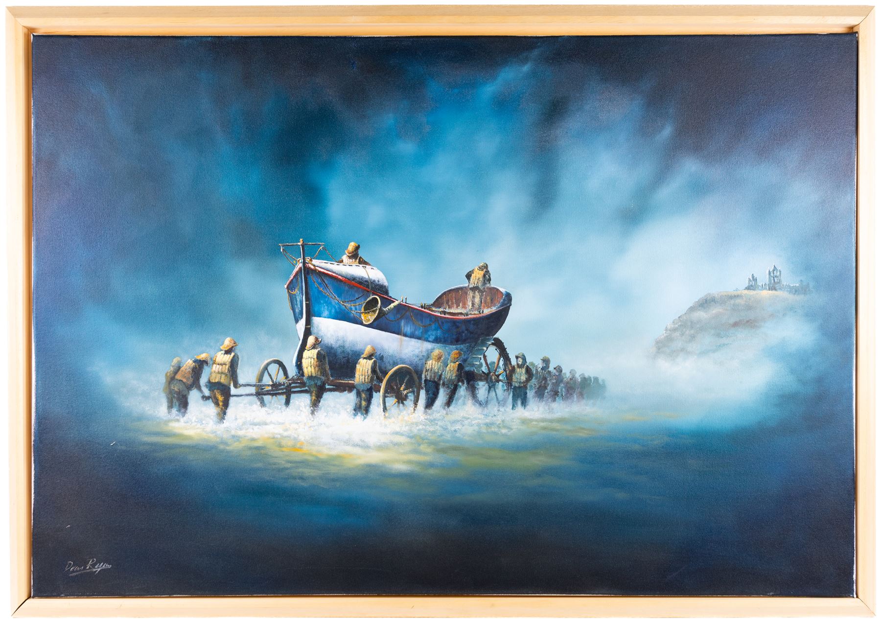 Dean Regan (Northern British 1960-): The Launching of the Robert and Mary Ellis Lifeboat at Whitby circa 1890, oil on canvas signed 75cm x 111cm