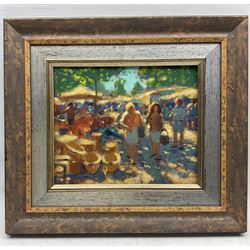 John Mackie (Scottish 1953-): Sunny Market Day, oil on canvas signed and dated '99, 24cm x 29cm 