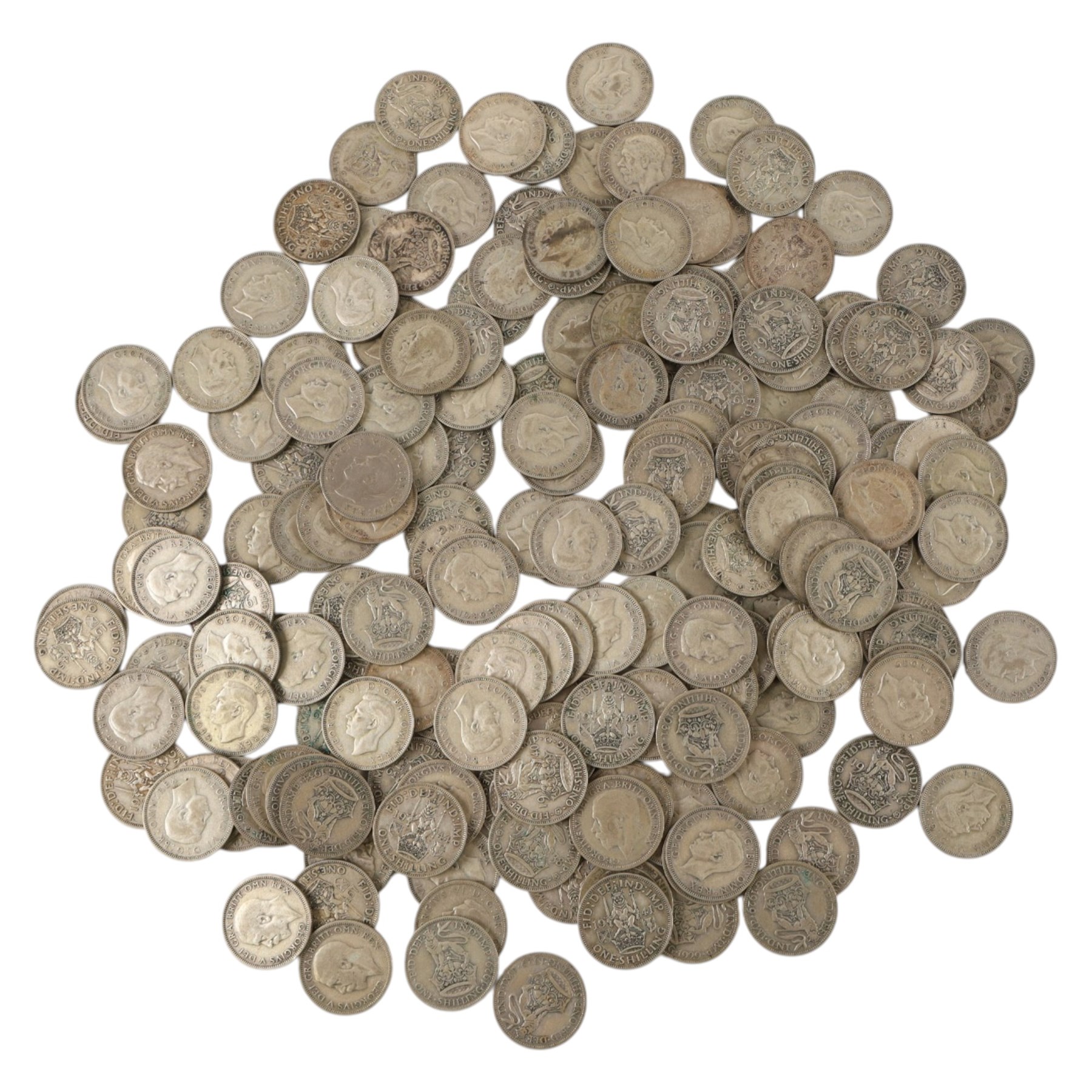 Approximately one hundred and sixty Great British pre-1947 silver one shilling coins
