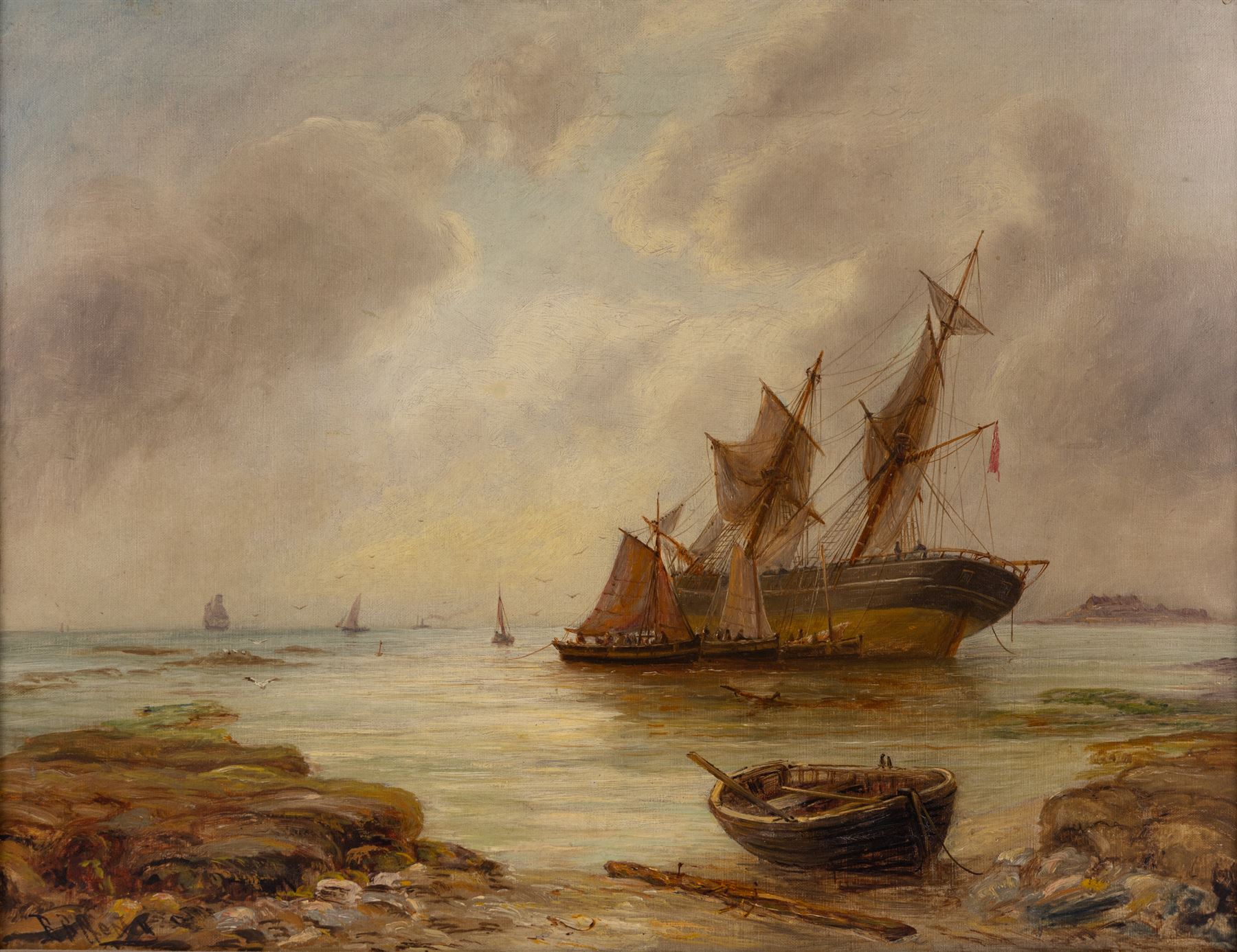 Bernard Benedict Hemy (British 1844-1910): Ships at Low Tide, oil on canvas signed 50cm x 64cm 