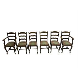 Set six (4+2) Georgian design oak dining chairs, ladder back with shaped rails carved with rose, drop-in seat upholstered in green and red tartan, raised on cabriole supports united by stretcher