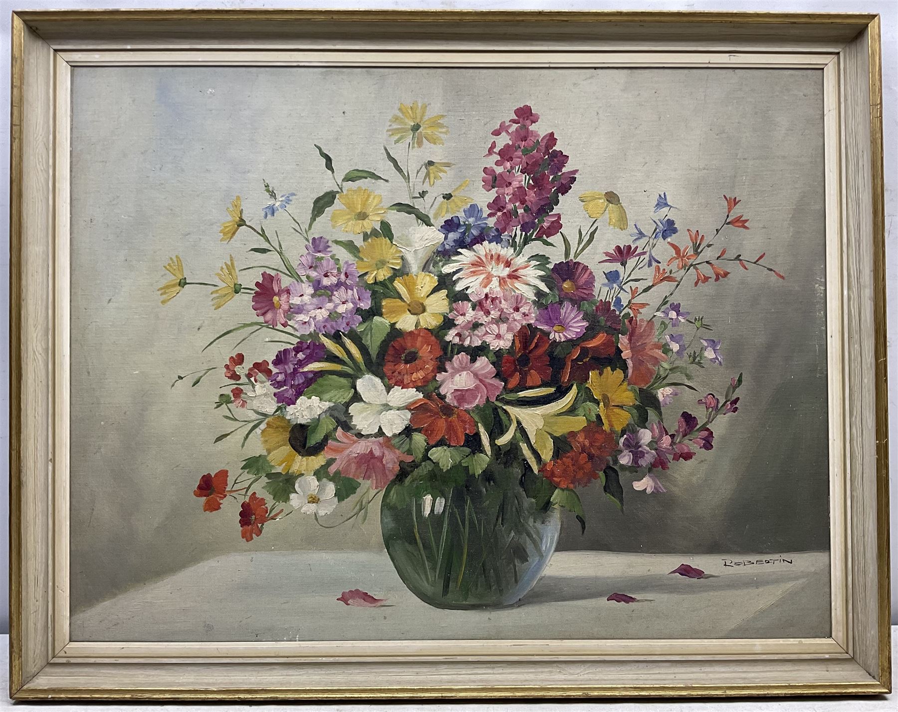 Sibylle Robertin (Austrian 1898-?): Cut Flowers in a Glass Vase, oil on canvas board signed 59cm x 78cm