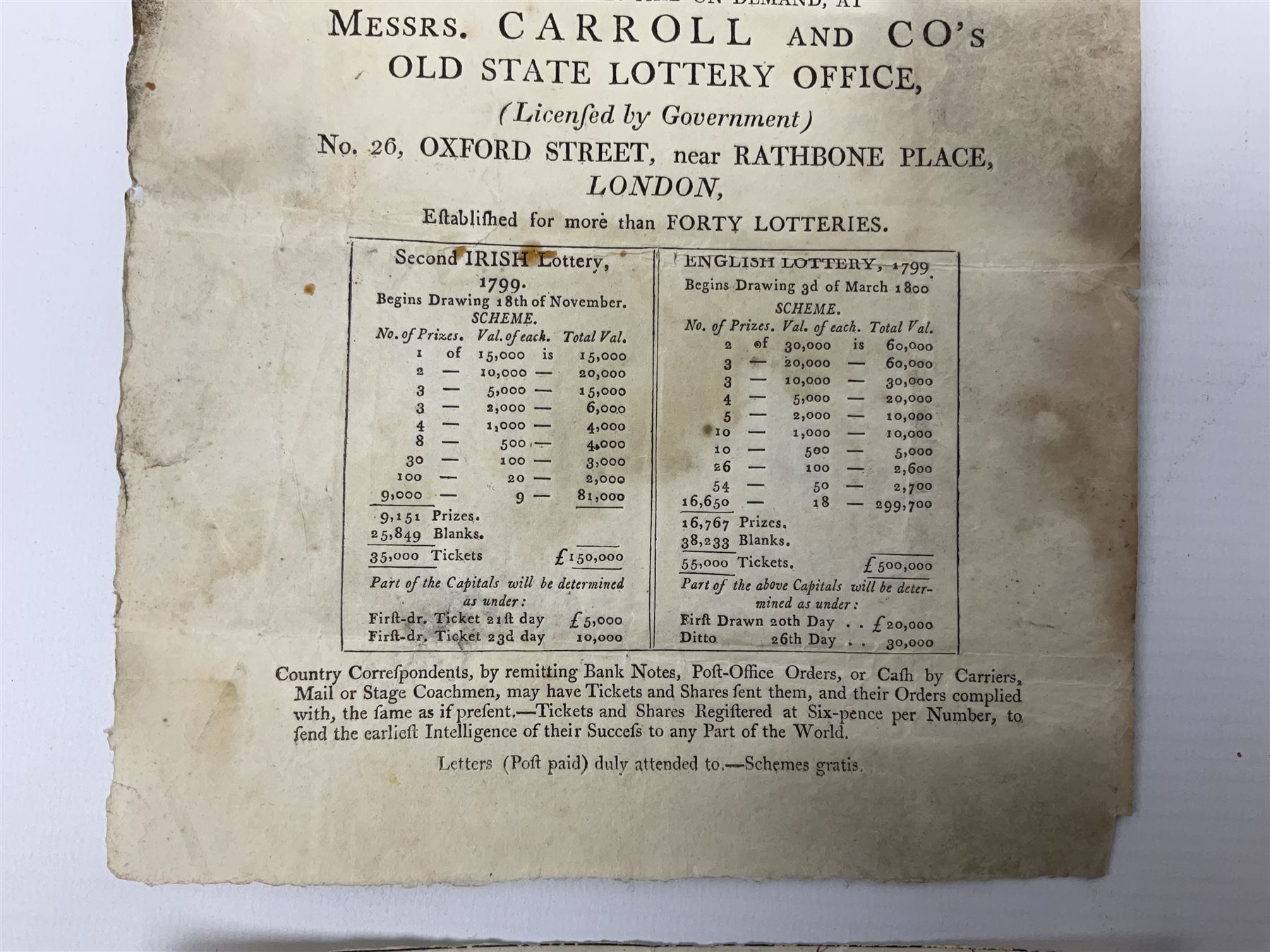 1799 Irish Lottery Ticket for the November 18th lottery signed by A. Higinbotham; together with a hand bill advertising the lottery and the English lottery March 3rd 1800 (2)