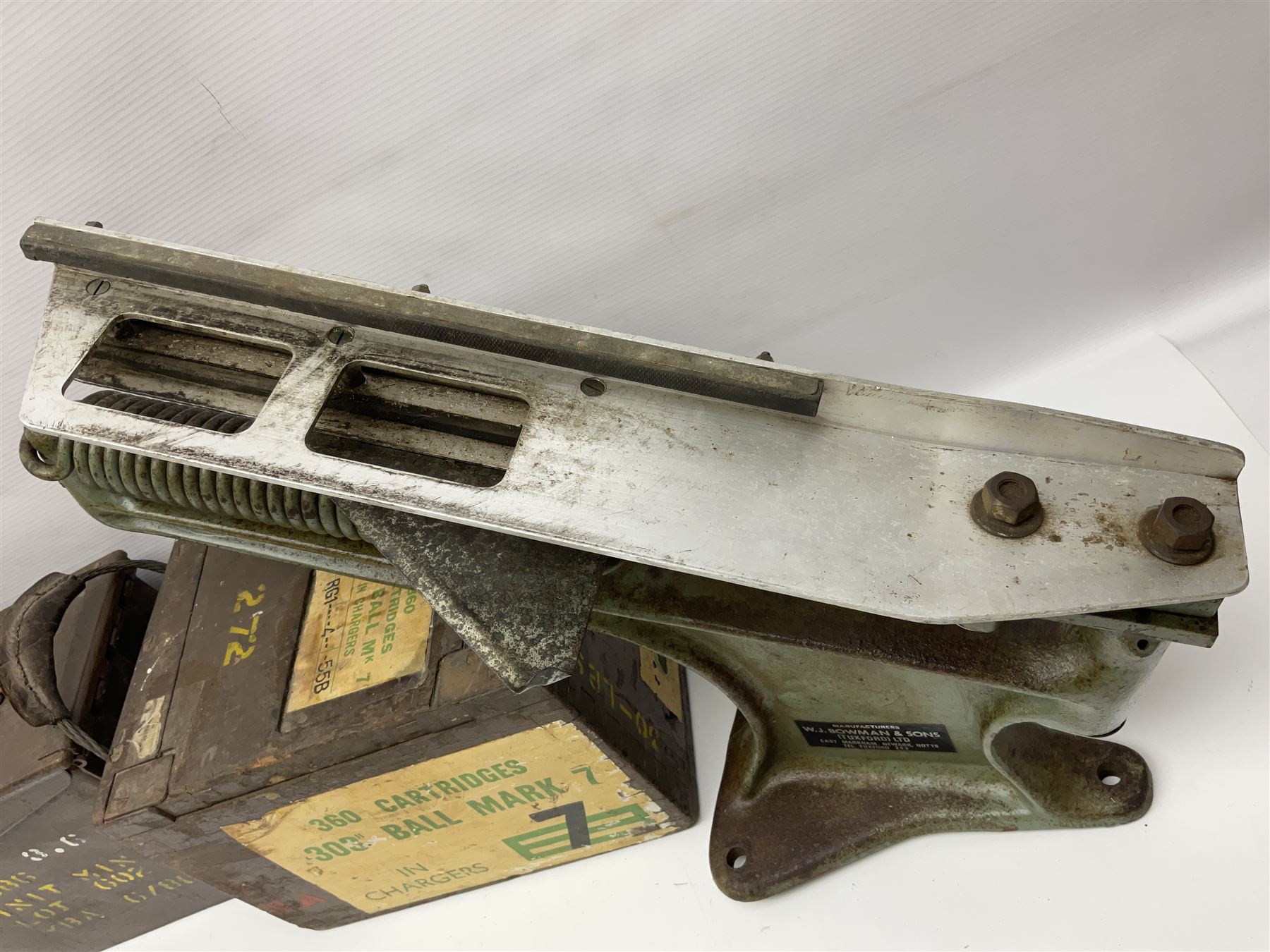 Miscellaneous shooting accessories - W.J. Bowman & Sons clay pigeon launcher; two leather cartridge belts; three cartridge bags; two canvas/leather game bags; and two metal/wooden cartridge boxes