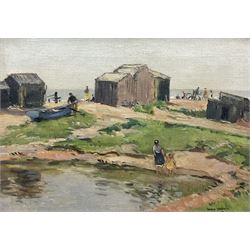 George Graham (British 1881-1941): Beach Huts, oil on canvas signed 24cm x 34cm