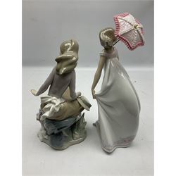 Two Lladro figures, comprising Girl at Pond no 4918 and Afternoon Promenade no 7363, both with original boxes, largest example H28cm