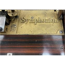 Late 19th century Symphonion disc musical box in inlaid walnut case with front lever action playing 25.5cm discs on a 10.5cm steel comb with forty-nine teeth, musical scene of cherubs under the lid, L33cm; together with five 25.5cm discs, fifteen 20.5cm discs and eleven 19cm discs