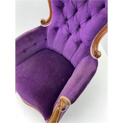 Victorian walnut framed upholstered armchair, blue velvet cover