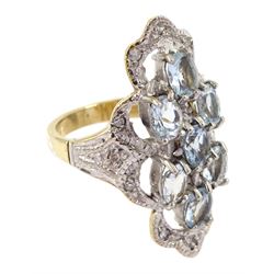 9ct gold oval cut aquamarine and diamond chip openwork ring, hallmarked