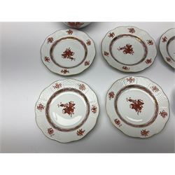 Herend Chinese Bouquet Rose pattern tea service comprising teapot, coffee pot, open sucrier, six cups and saucers, six tea plates, cream jug and stand, milk jug, two teabag holders, preserve pot, two leaf shaped dishes, four egg cups, salt & pepper pots, pair side plates and another plate