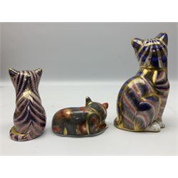Three Royal Crown Derby cat paperweights, comprising Catnip Kitten together with two Imari examples modelled seated, two with gold stoppers, tallest H13cm