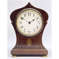 Edwardian inlaid mahogany mantel clock, pointed onion top and circular white enamel Roman dial signed 'Elkington', on brass feet 