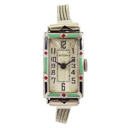 Bulova ladies Art Deco 14ct white gold manual wind wristwatch, rectangular silvered dial with Arabic numerals with red, green and blue enamel bezel, on 14ct white gold bracelet, stamped 14K