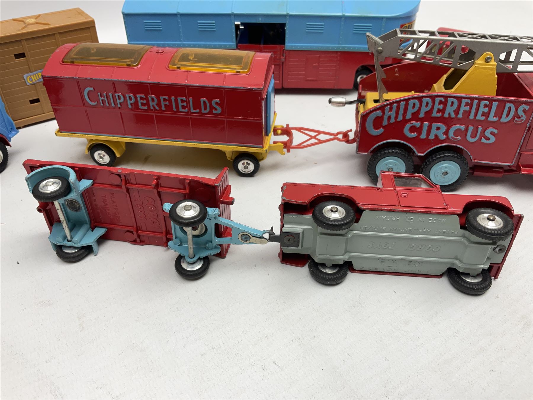 Corgi 'Chipperfields' - Gift Set 19 Land Rover with elephant cage on trailer containing elephant; No.1123 Circus Animal Cage with two Polar Bears; No.1130 Horse Transporter with five horses; No.503 Circus Giraffe Transporter with three giraffes; and No.1121 Crane Truck; all unboxed; together with two other models