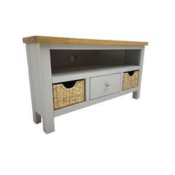 Roseland Farrow - oak and grey finish corner television stand, central drawer and two basket drawers (W100cm, H52cm, D45cm); and a matching nest of tables (51cm x40cm, H41cm)