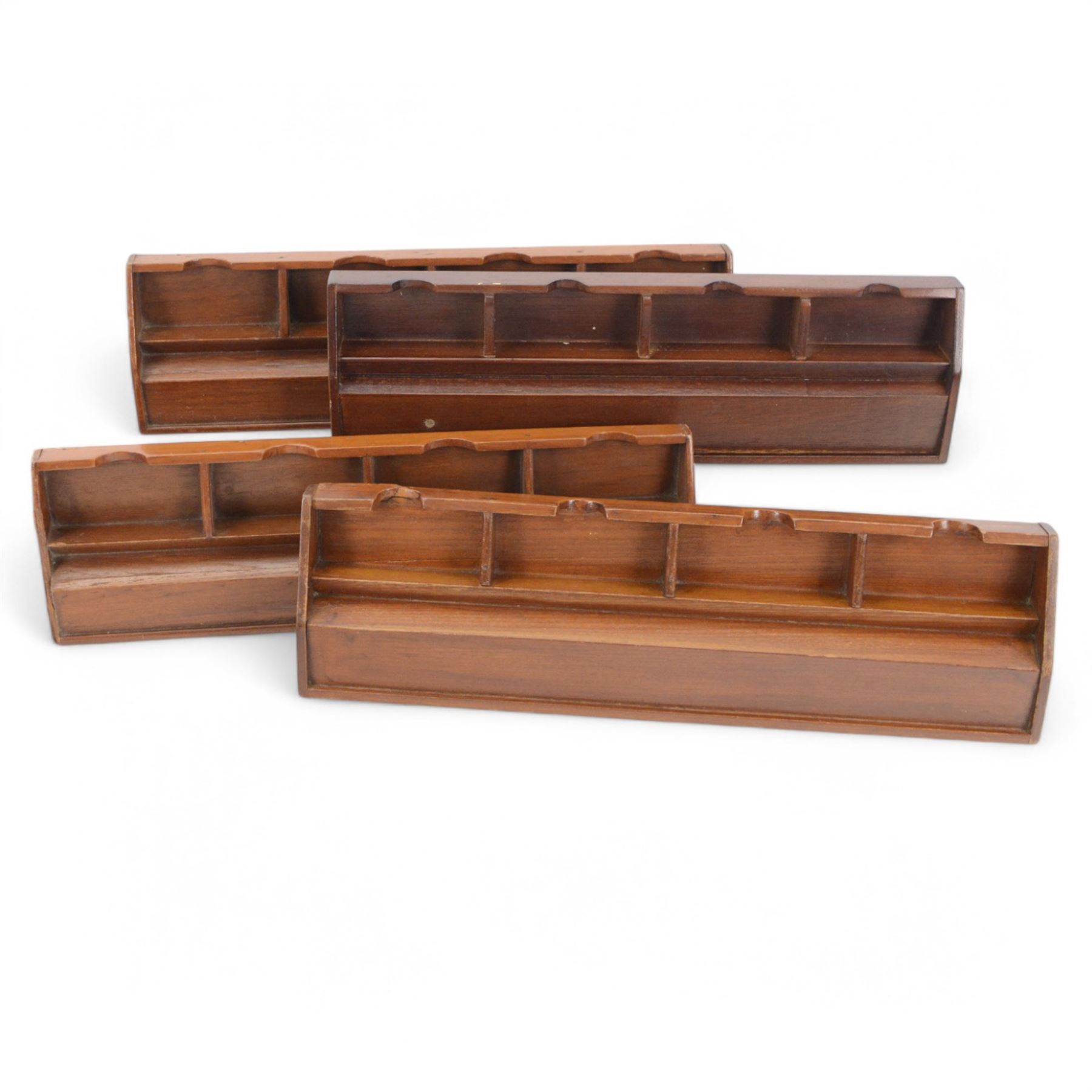 20th century Chinese Mahjong set, with five drawers containing bone counters and tiles, contained within a wooden box with brass detailing, together with a set of eight wooden Mahjong tile trays