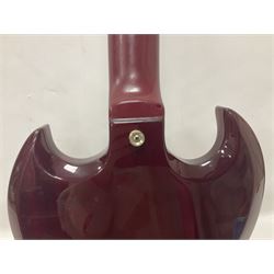 Gibson Epiphone SG six string electric guitar, with cherry red mahogany finish and black scratch guard, L102cm
