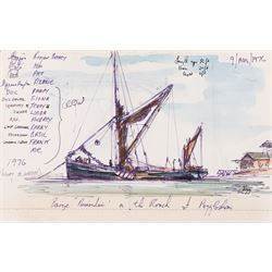 Jack Rigg (British 1927-2023): Thames Sailing Barge 'Dawn', ink and watercolour signed and dated 1976, together with two associated sketches 37cm x 53cm 