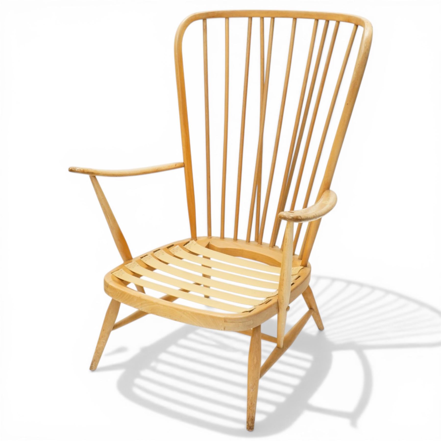 Ercol - Model 478 evergreen light elm and beech armchair, hoop back design curved arms, two crimson checked loose cushions, raised on tapering legs with H-stretcher