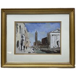 Anthony Flemming (British 1936-): Venice, pair pen and watercolours signed 17cm x 24.5cm (2)
Notes: born in London he studied at Goldsmiths College School of Art where he was awarded a First Class Honours Degree. On leaving Art School he went to Spain, his return to England was prompted by a request from John Cooper to design a racing car. Other design commissions followed from Brabham, Mclaren, Puma and Piper. He is a member of The Wapping Group of Artists having had a number of commissions from companies such as Shipowners Insurance Company, Shell, National Westminster Bank, B.P. and the Woolwich Building Society