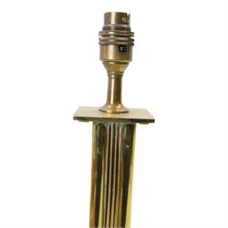 Brass and wood desk stand with inkwell and pen stand, together with silver collared inkwell, hallmark, brass table lamp in the form of a reeded column on stepped square base and 19th century rosewood tea caddy, etc lamp H45cm