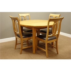  Solid light oak circular extending dining table with fold out leaf (H77cm, D116cm - 156cm (extended)), and four ash dining chairs  