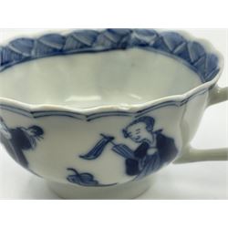 18th century Chinese blue and white Kangxi teacup and saucer, decorated with dancing figures, four character Kangxi mark beneath, saucer D10cm