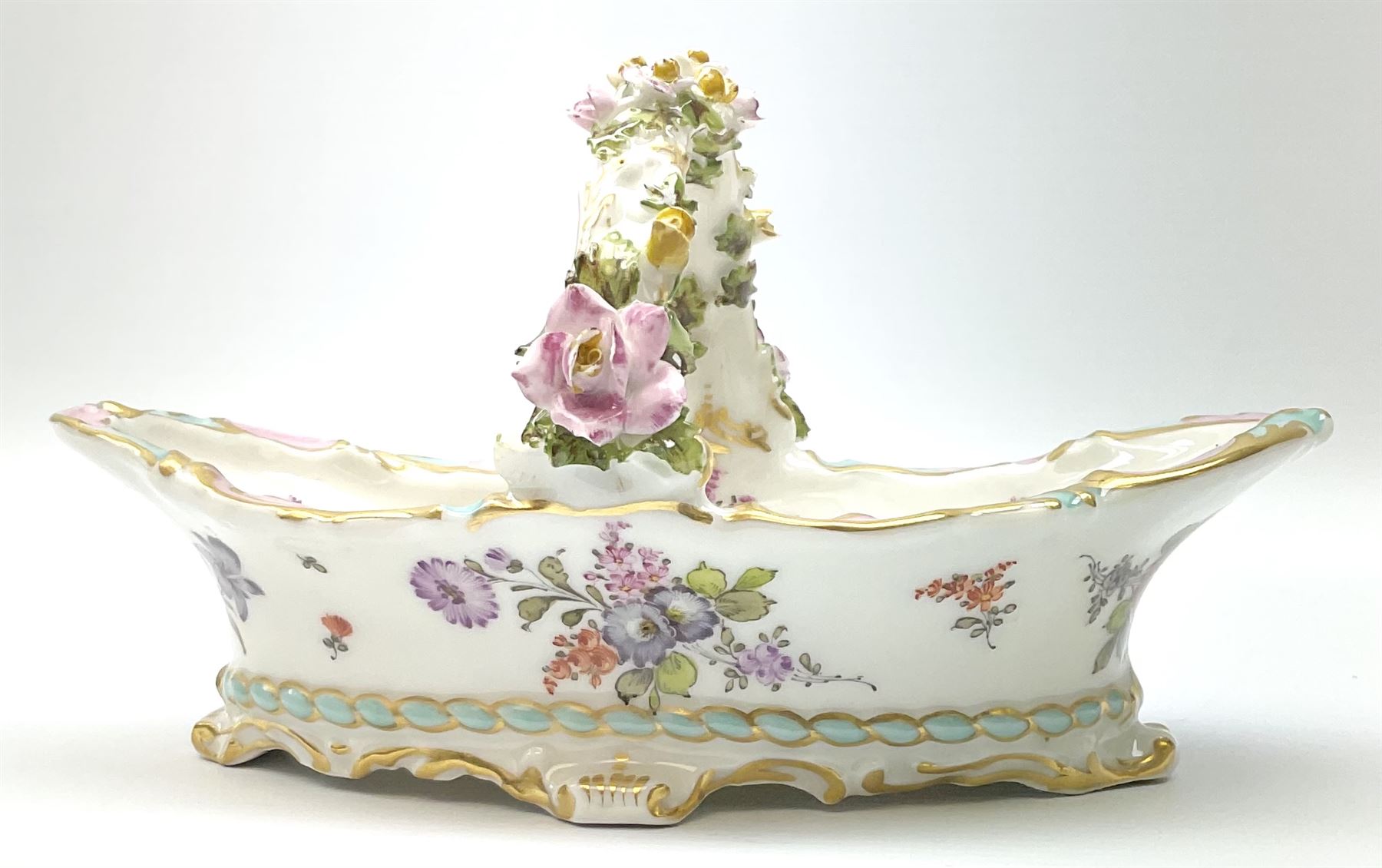 Dresden floral basket, hand painted with floral decoration and gilt scrolls, H12cm, L20cm. 