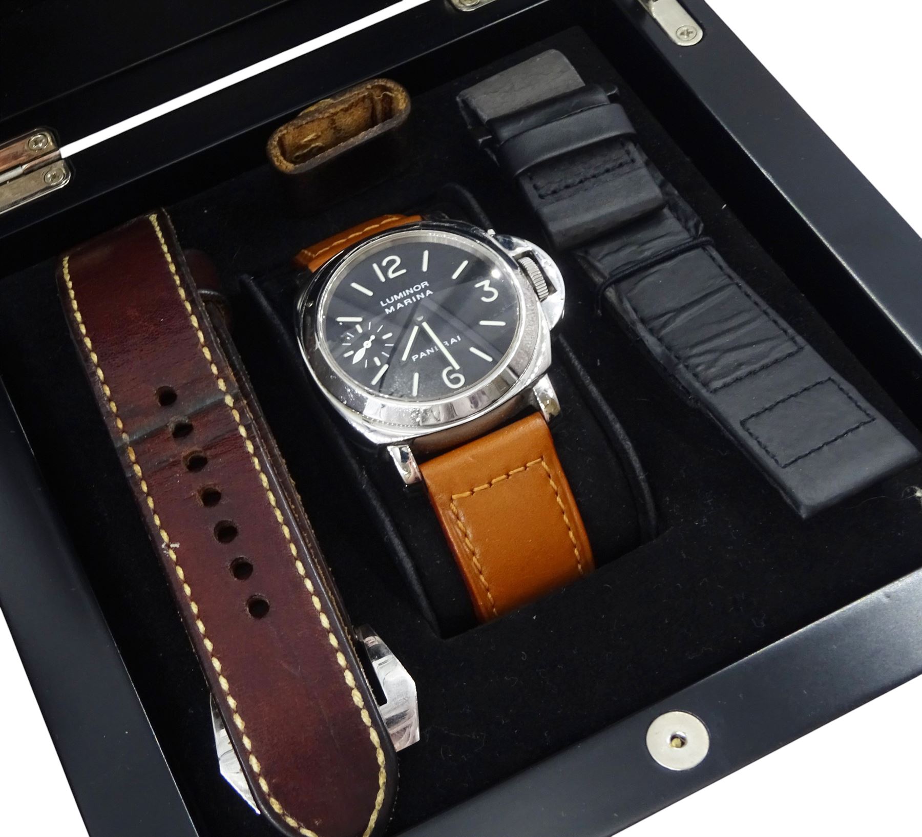 Panerai Luminor Marina gentleman's stainless steel manual wind wristwatch, Ref. OP 6518, limited edition No. 0213/3000, black dial with luminous Arabic and baton hour markers and subsidiary seconds dial at 9 o'clock, on original tan leather strap with addition brown leather strap, boxed with guarantee card dated 2000