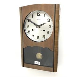  Art Deco wall timepiece, twelve sided walnut dial with brass Arabic numerals, H30cm, and a vintage Seiko wall clock, 30 day movement quarter striking on rods, H44cm (2)  