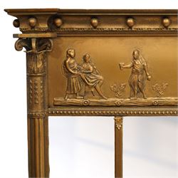 Early 20th-century giltwood tripartite overmantel mirror, rectangular frame with ball decorated cornice above frieze decorated with a classical allegorical depiction of the Triumph of Cybele in a processional chariot drawn by lions, above a beaded moulding and rectangular mirror plate, flanked by plain and reeded pilasters with Corinthian capitals, shafts decorated with pendant garlands  