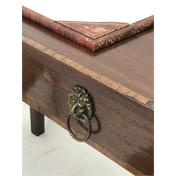 19th century mahogany side table, rectangular top over false frieze drawer fitted with two lion mask handles, satinwood banding (W95cm, H73cm, D48cm), pair Victorian chairs and a red leather finish stationary blotter